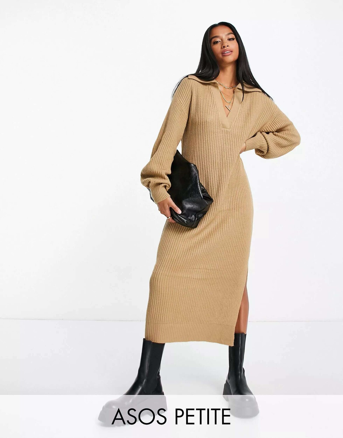 

Овсяное трикотажное платье миди с открытым воротником ASOS DESIGN Petite