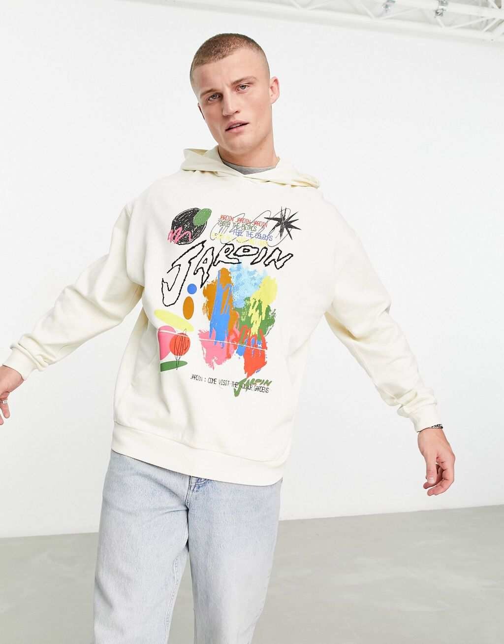 

Белое худи оверсайз с художественным принтом и вышивкой ASOS DESIGN, Белый
