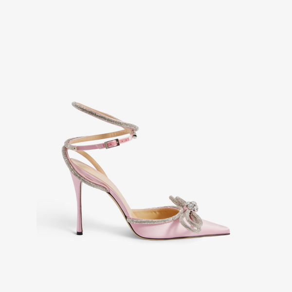 Атласные босоножки на каблуке double bow с кристаллами Mach & Mach, розовый туфли на расклешенном каблуке с кристаллами на платформе mach