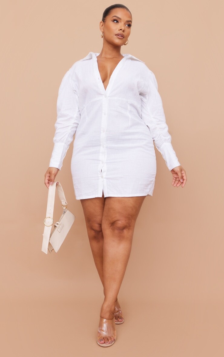 

PrettyLittleThing Плюс белое пышное платье-рубашка с длинным рукавом
