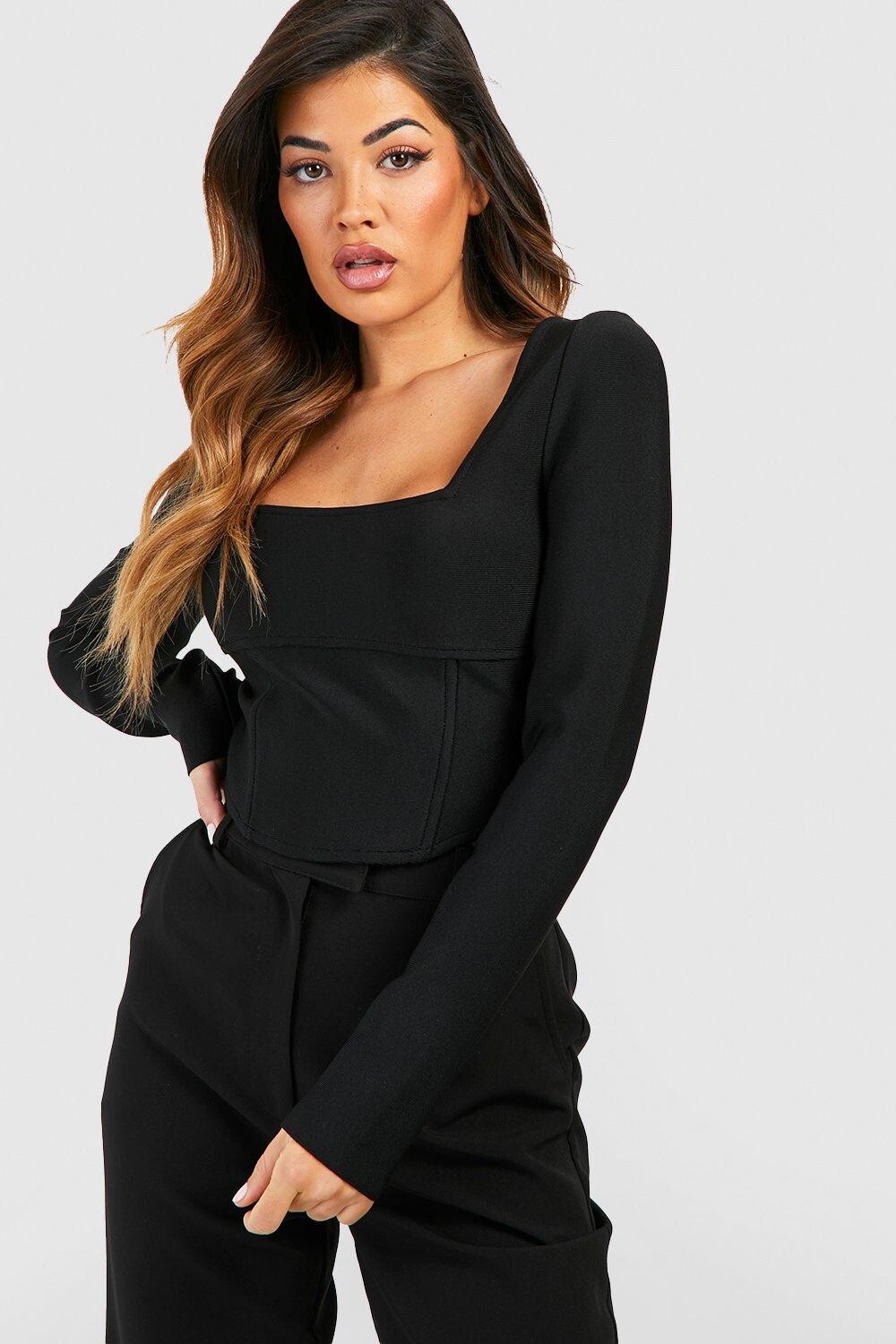 

Бандажный корсетовый топ с квадратным шеем и длинными рукавами Boohoo, черный