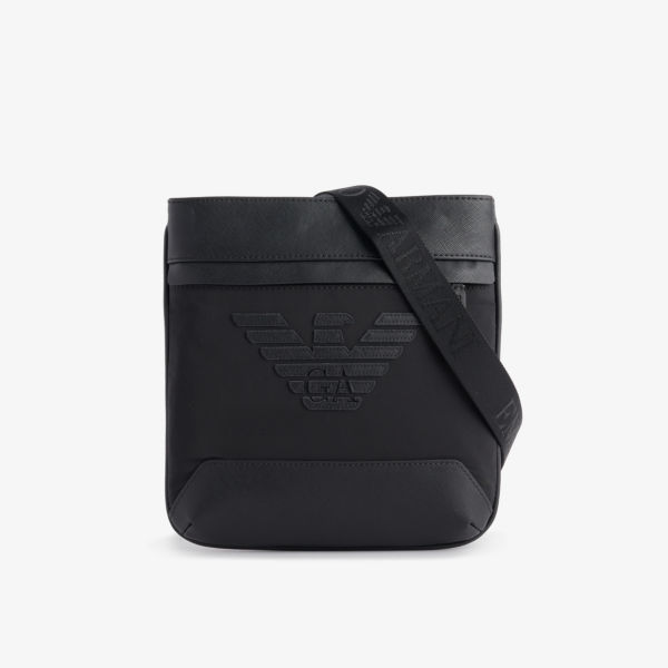 Кожаная сумка через плечо с фирменной аппликацией Emporio Armani, черный