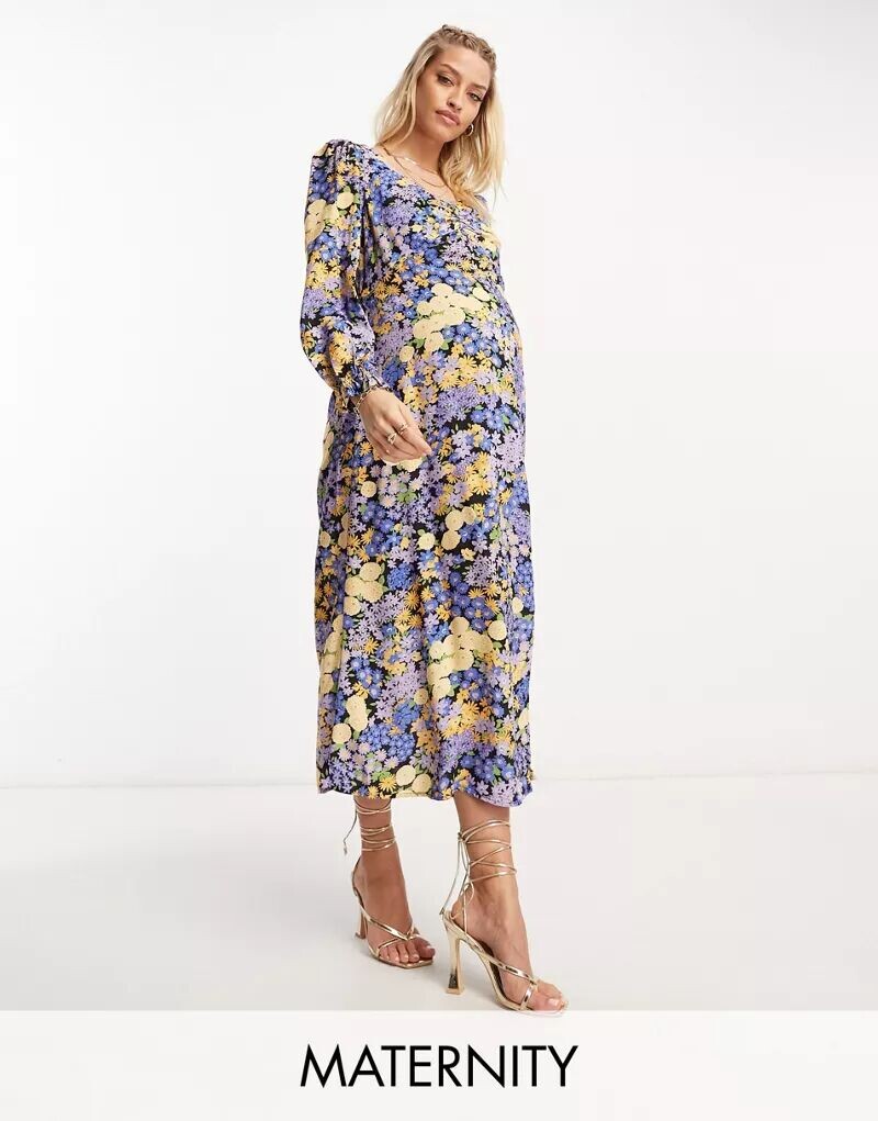 

Синее платье миди с длинными рукавами и цветочным принтом Nothing's Child Maternity Rosie Nobody's Child