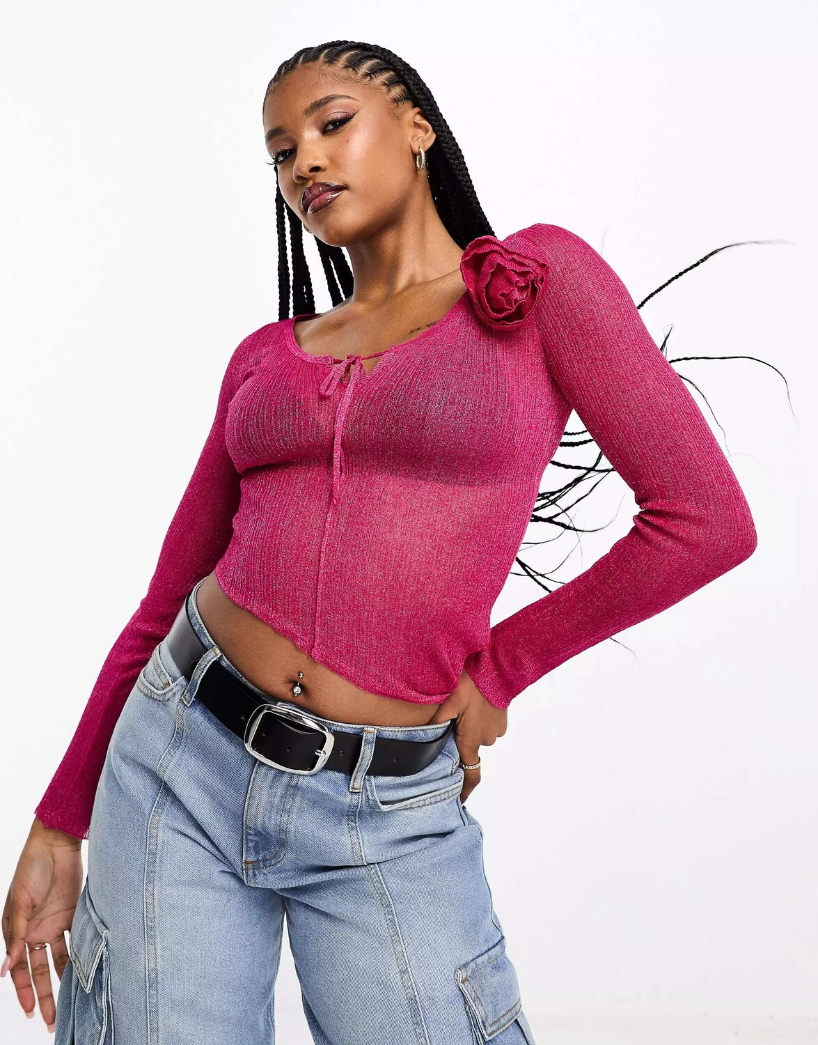 

Прозрачный вязаный топ с розовым корсажем ASOS, Розовый