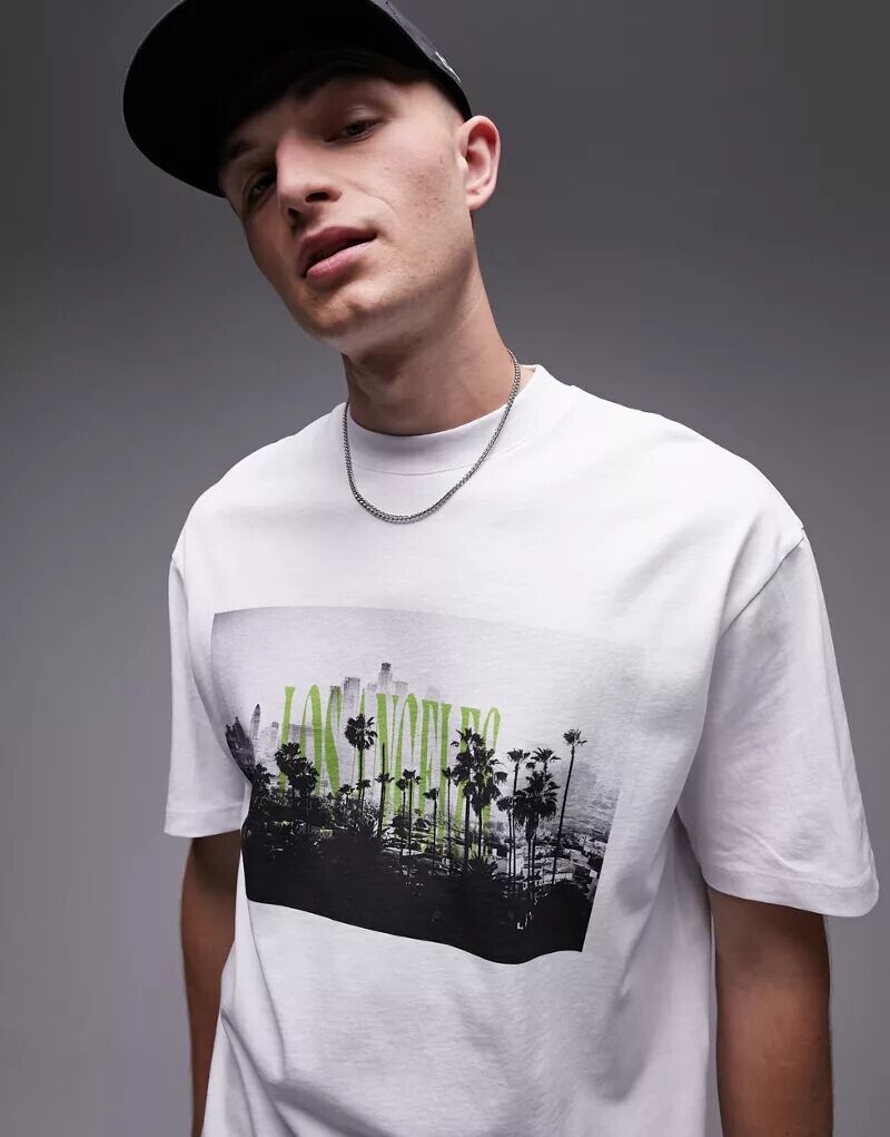 

Белая футболка оверсайз Topman с вертикальным принтом «Лос-Анджелес» спереди и сзади