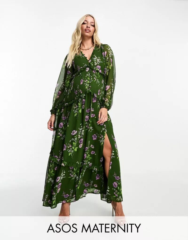 

Зеленое платье макси на пуговицах с цветочным принтом ASOS DESIGN Maternity