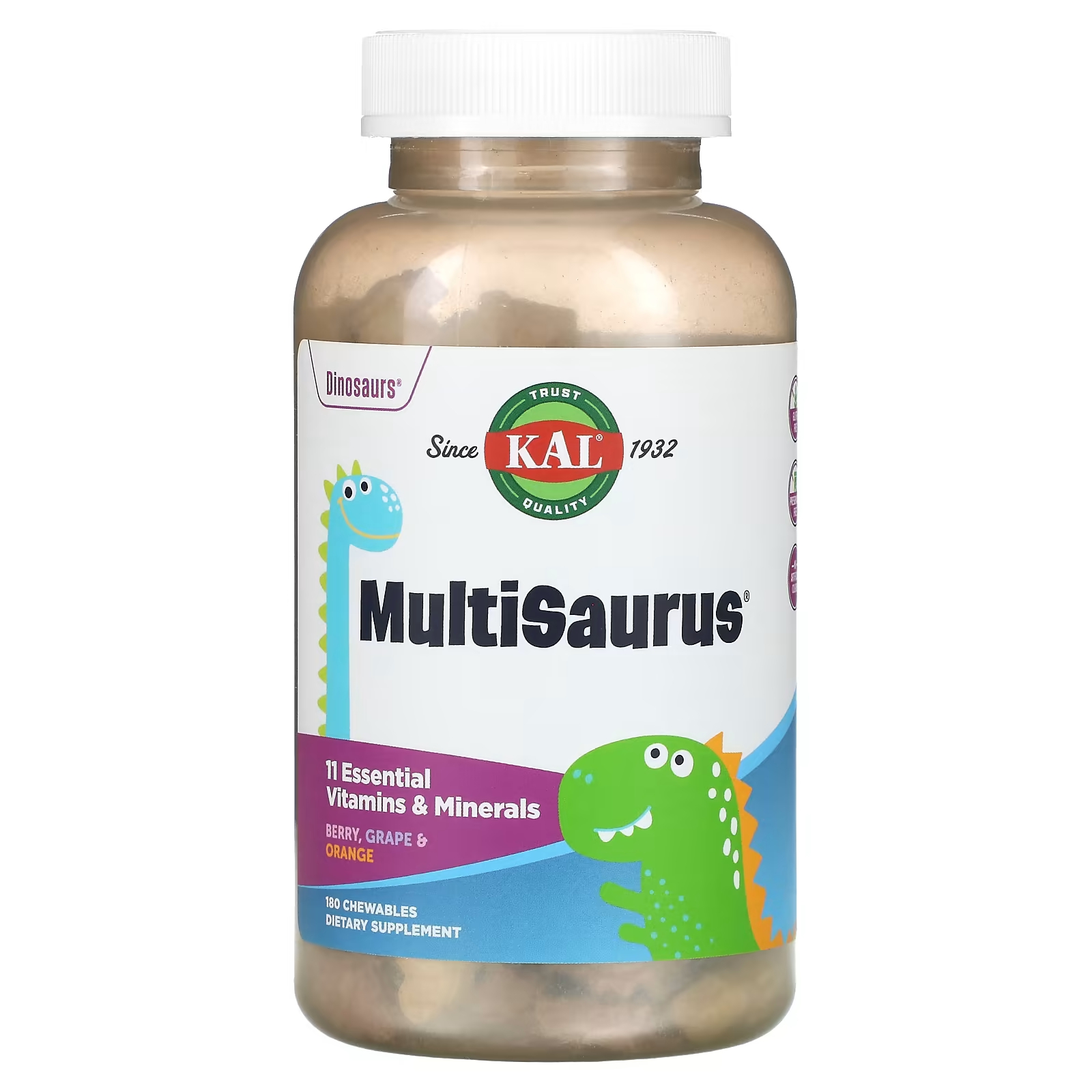 Пищевая добавка Kal MultiSaurus Berry Grape & Orange, 180 жевательные таблетки hyperbiotics immune ежедневная поддержка хорошего самочувствия 60 таблеток постепенного высвобождения
