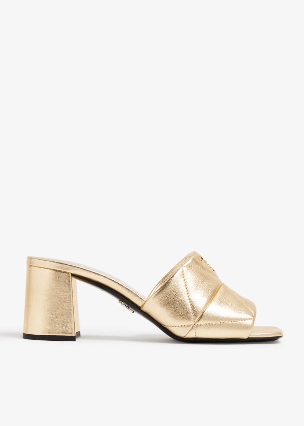 Сандалии Prada Quilted Nappa Leather Heeled, золотой туфли женские на высокой шпильке с открытым носком на массивном каблуке