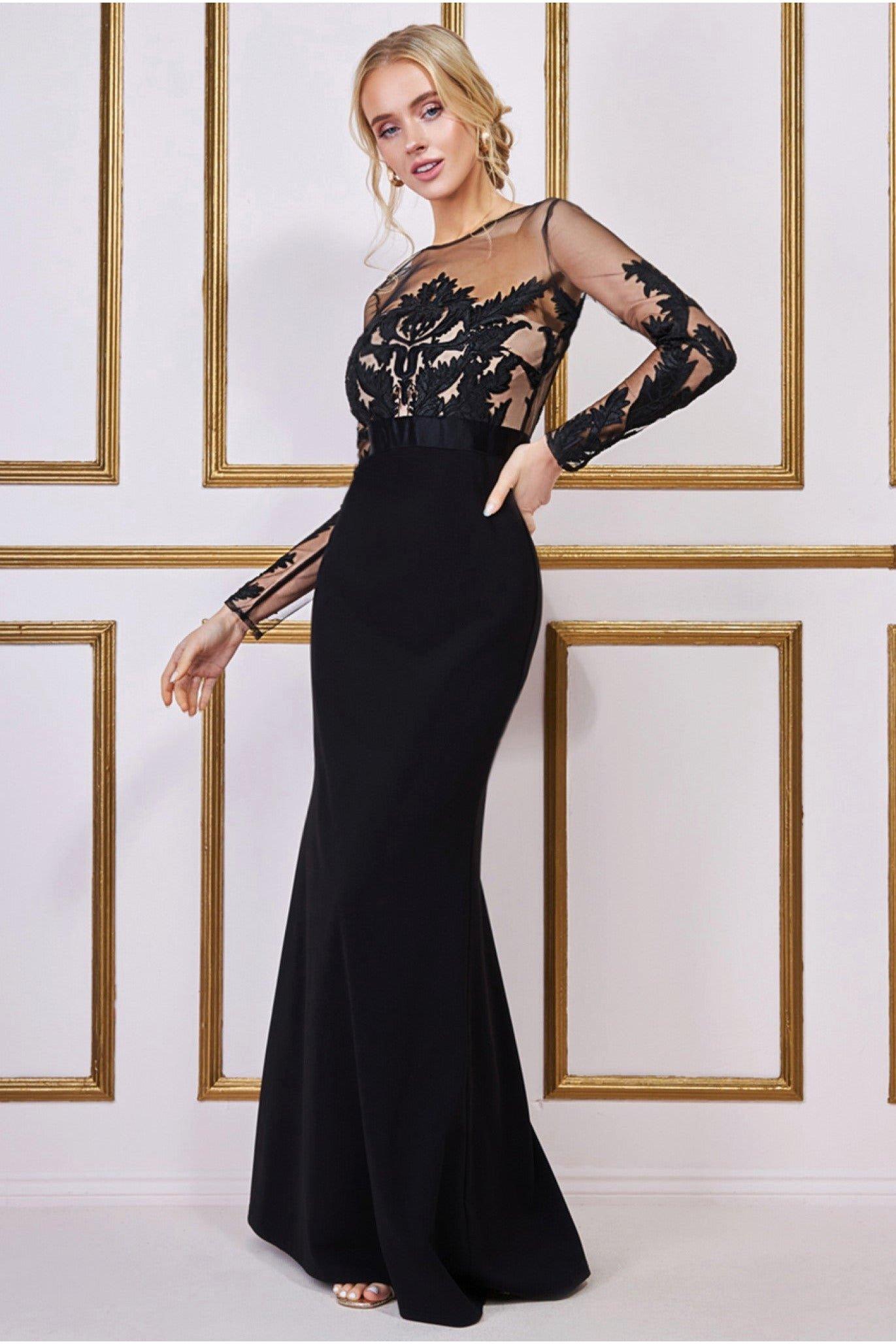 Вышитая сетка и акваланг макси Goddiva, черный свадебное платье невесты юбка со шлейфом юбка комбинация с 2 обручами эластичная талия шнурок регулируемая юбка рыбий хвост