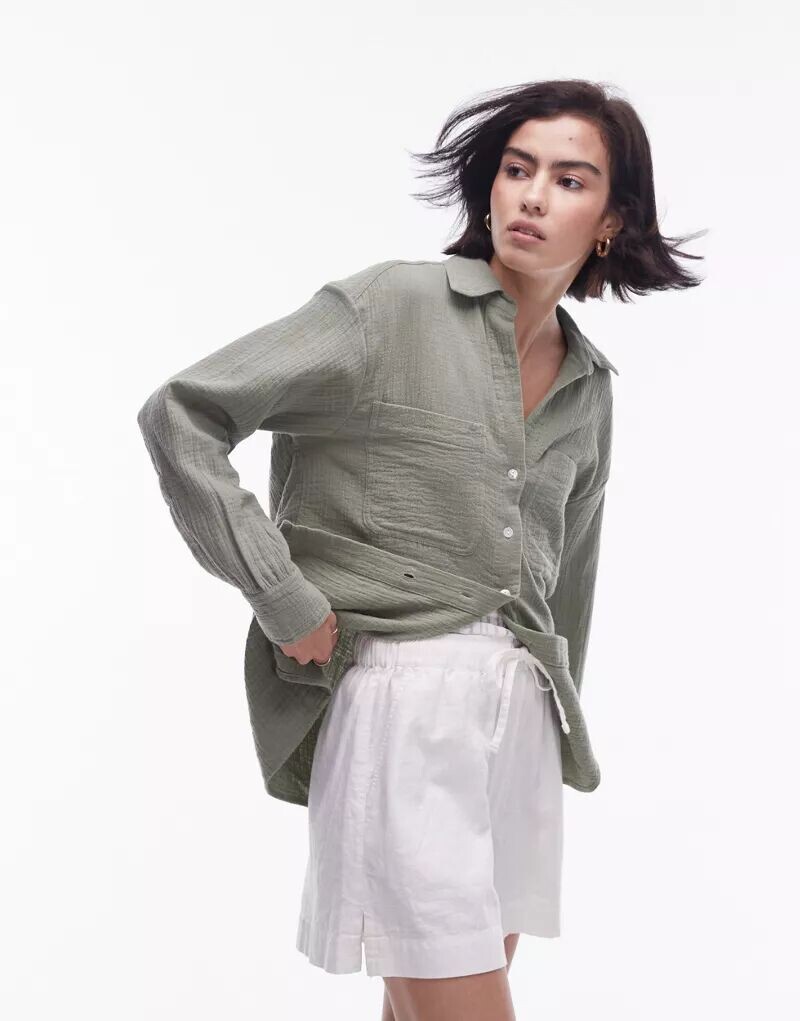 

Хлопковая повседневная рубашка Topshop цвета хаки
