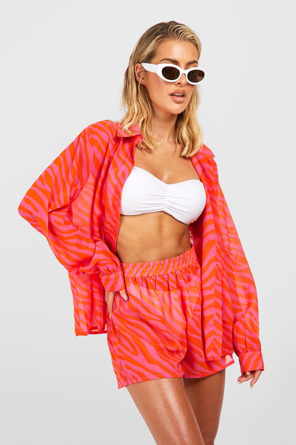 

Комбинированная рубашка с зеброй и короткие пляжные шорты boohoo, розовый