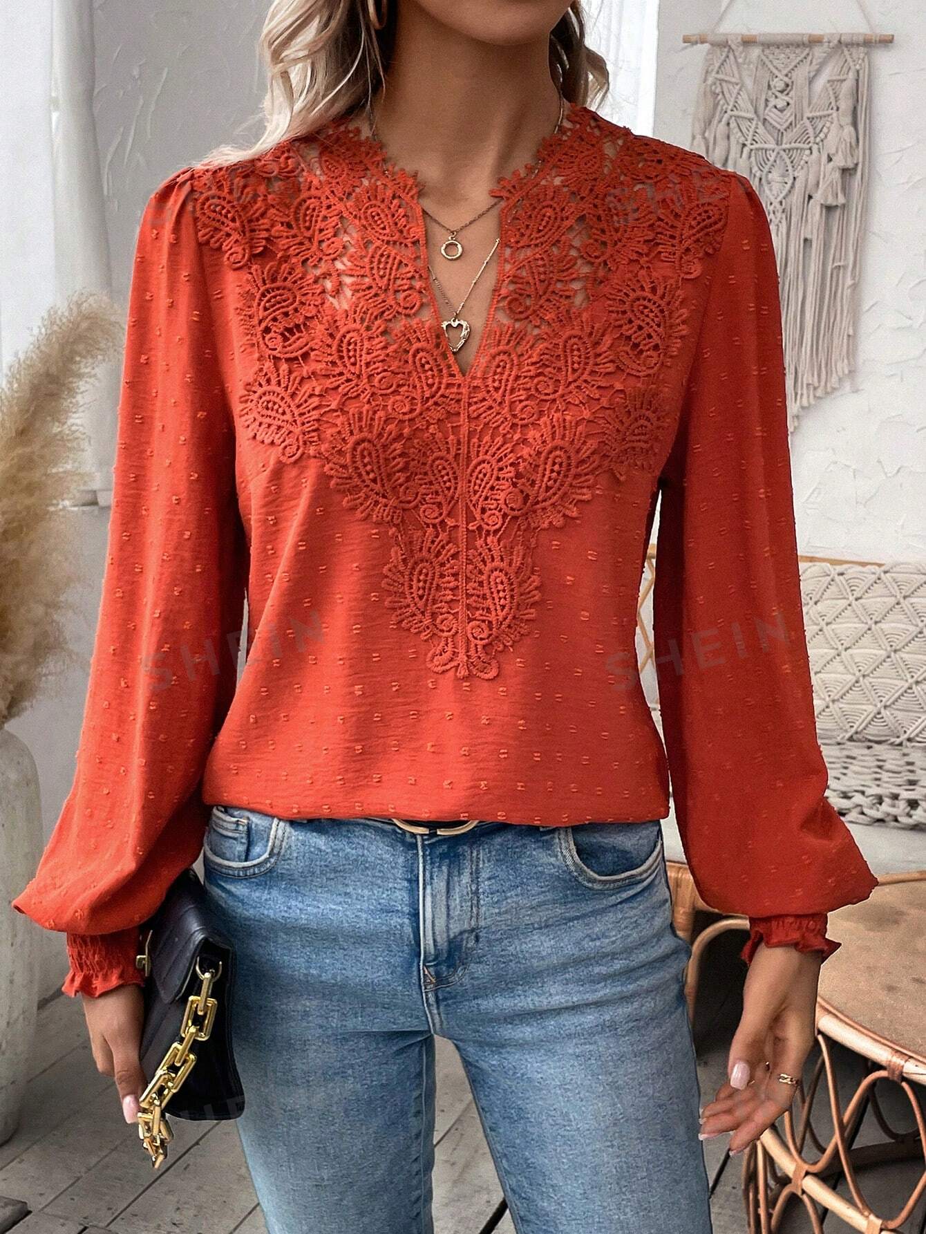 SHEIN Privé Женская кружевная рубашка в стиле пэчворк с рукавами-фонариками, редвуд