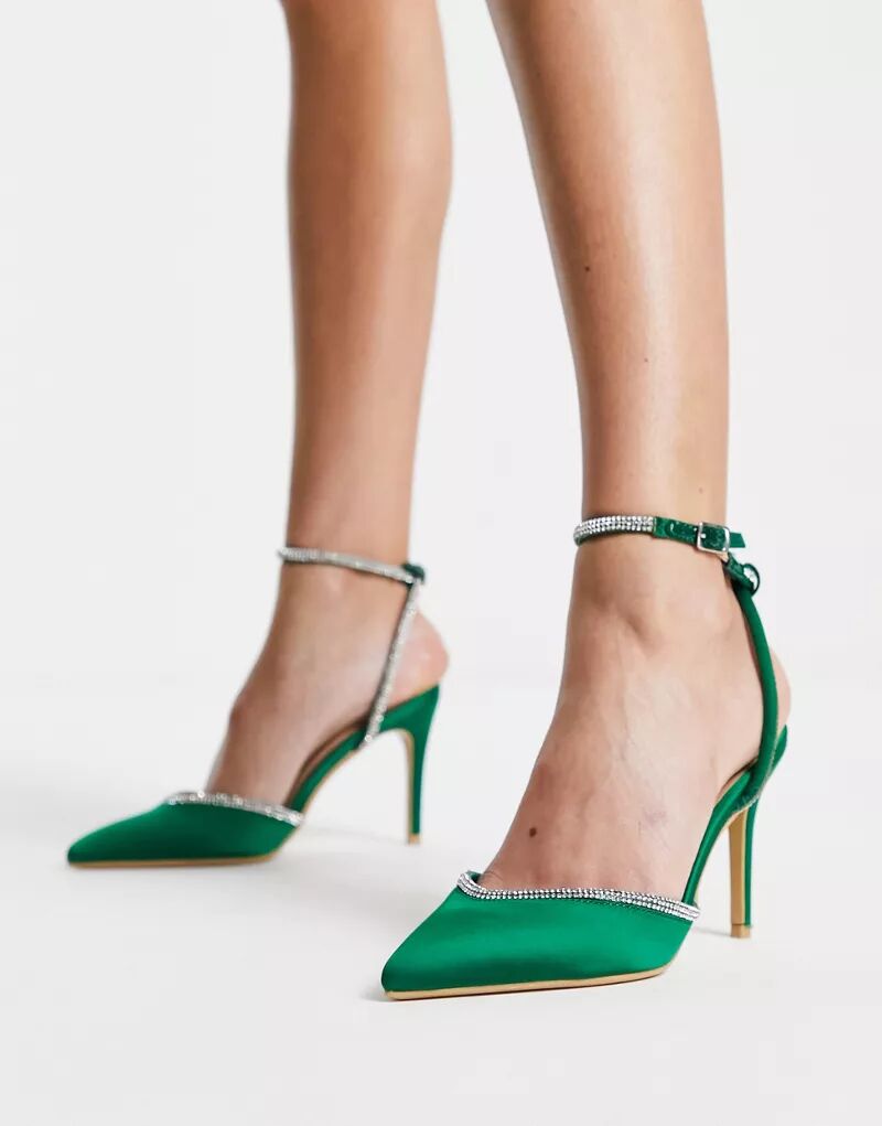 цена Ярко-зеленые атласные туфли на среднем каблуке со стразами и ремешком на щиколотке New Look
