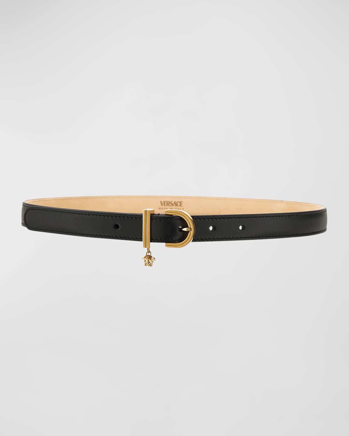 

Узкий ремень из гладкой кожи и латуни Versace, цвет Black Versace Gold