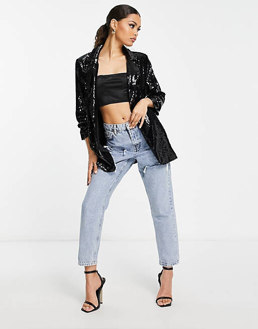 

Черный пиджак оверсайз с пайетками River Island Petite