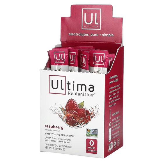Смесь электролитов для напитков Ultima Replenisher, малина, 20 пакетиков по 3,2 г premama 28 day energy boost смесь для приготовления арбузных напитков 28 пакетиков по 5 г