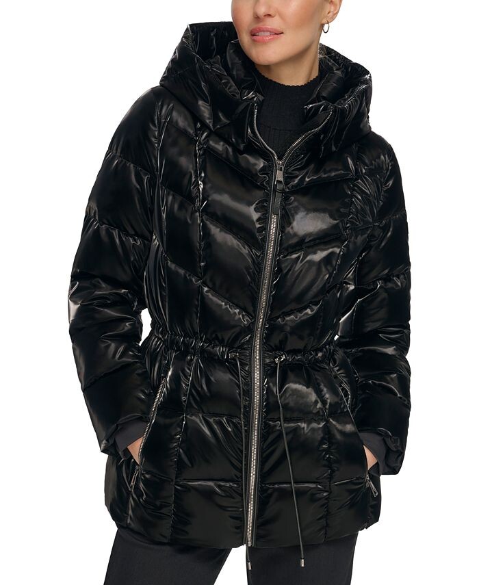 

Женское блестящее пуховик с капюшоном DKNY, черный
