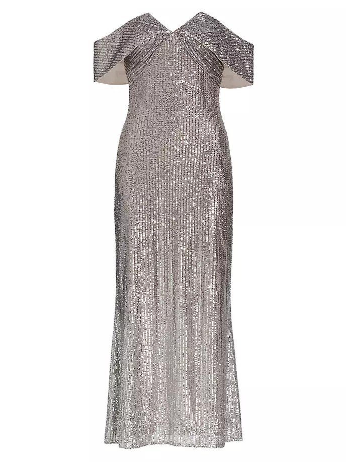 

Платье с открытыми плечами и эффектом омбре, расшитое пайетками Badgley Mischka, цвет pewter