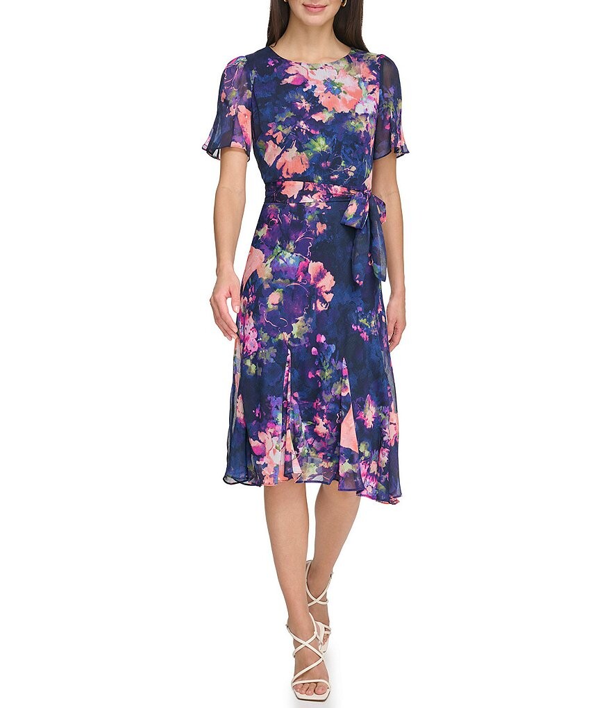

DKNY Шифоновое платье миди с цветочным принтом и круглым вырезом, короткими рукавами и поясом, цветочный
