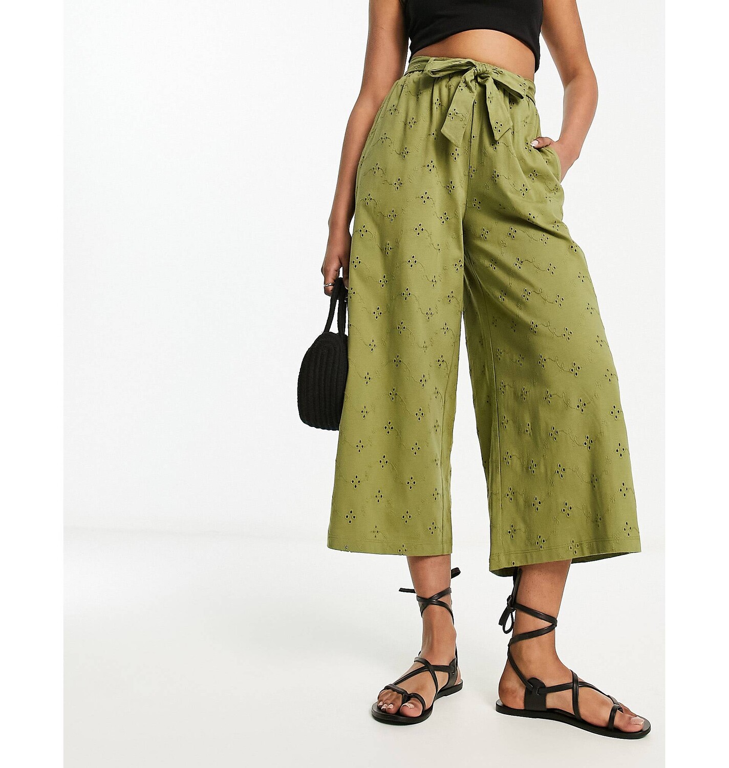 

Широкие брюки цвета хаки с вышивкой ASOS DESIGN и поясом на завязках ASOS DESIGN