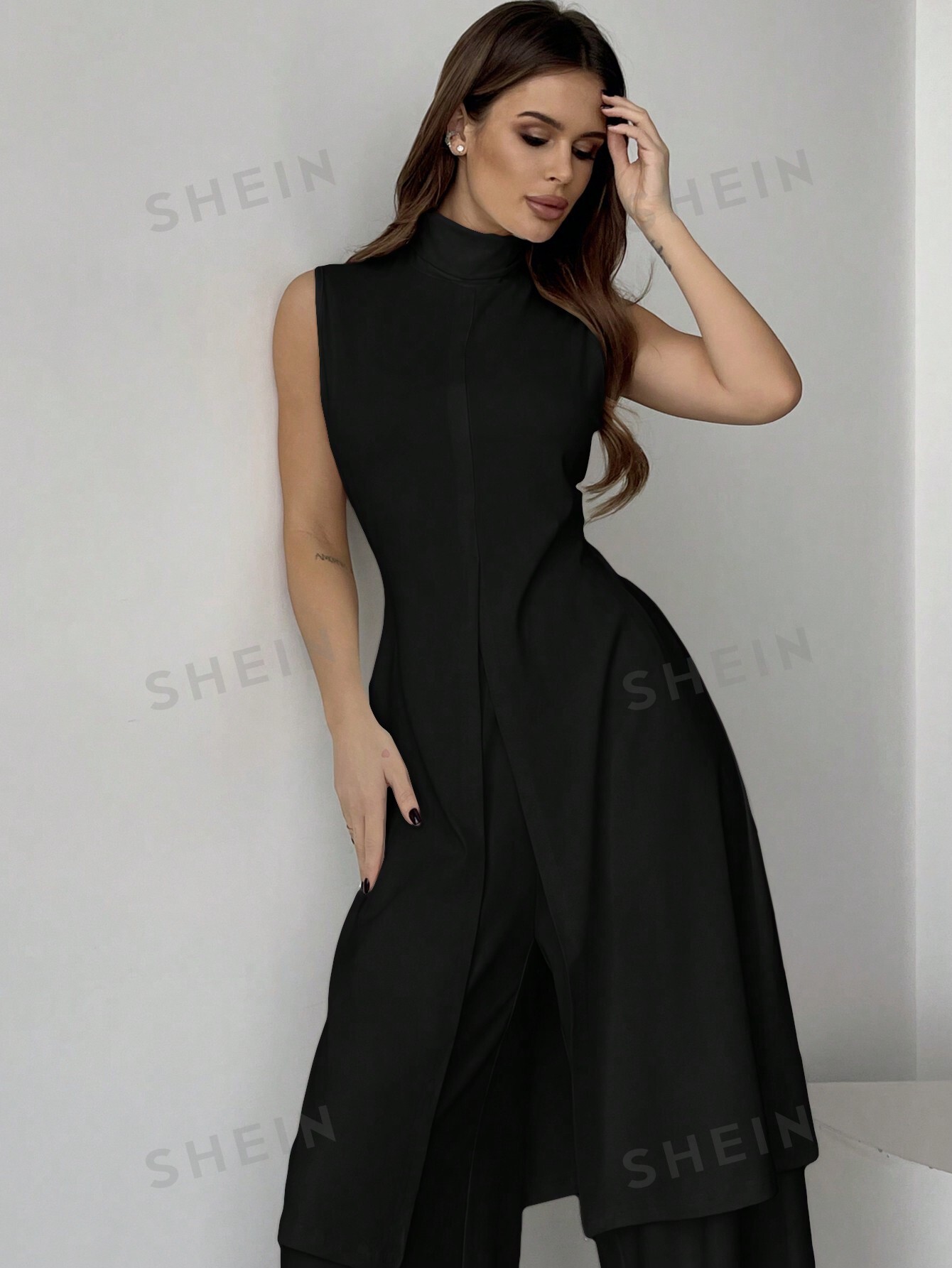 SHEIN Privé Комплект из топа и брюк с длинными рукавами и высоким воротником, черный