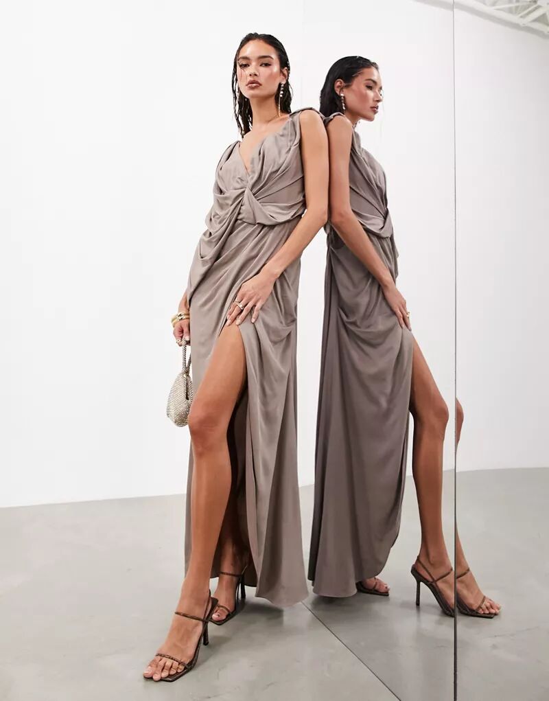 Серо-коричневое платье макси без рукавов с драпировкой Bardot ASOS Edition