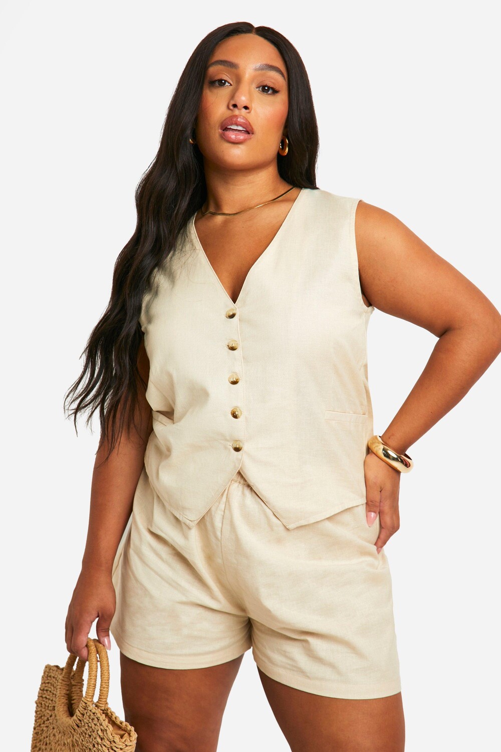

Жилет из смесового льна Plus boohoo, бежевый