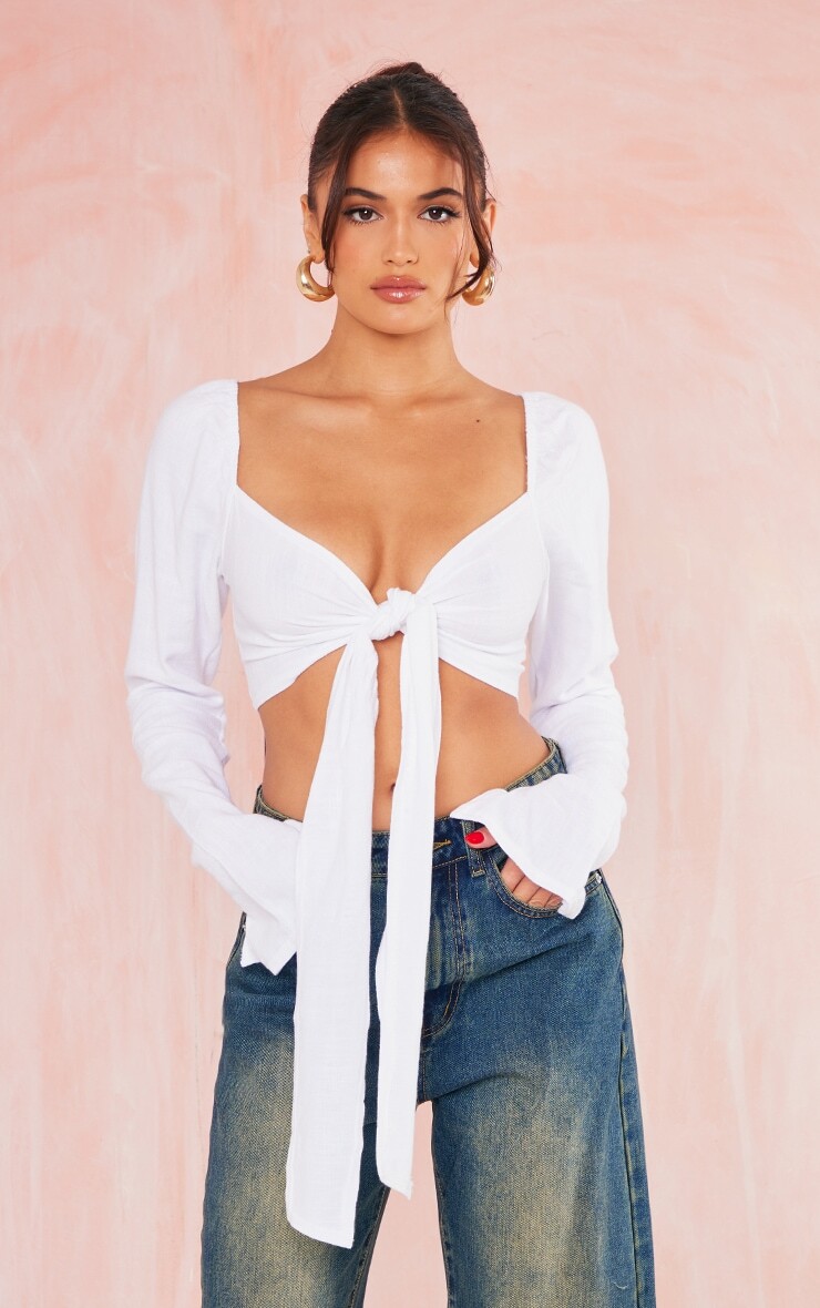 

PrettyLittleThing Белая льняная блузка с завязкой спереди
