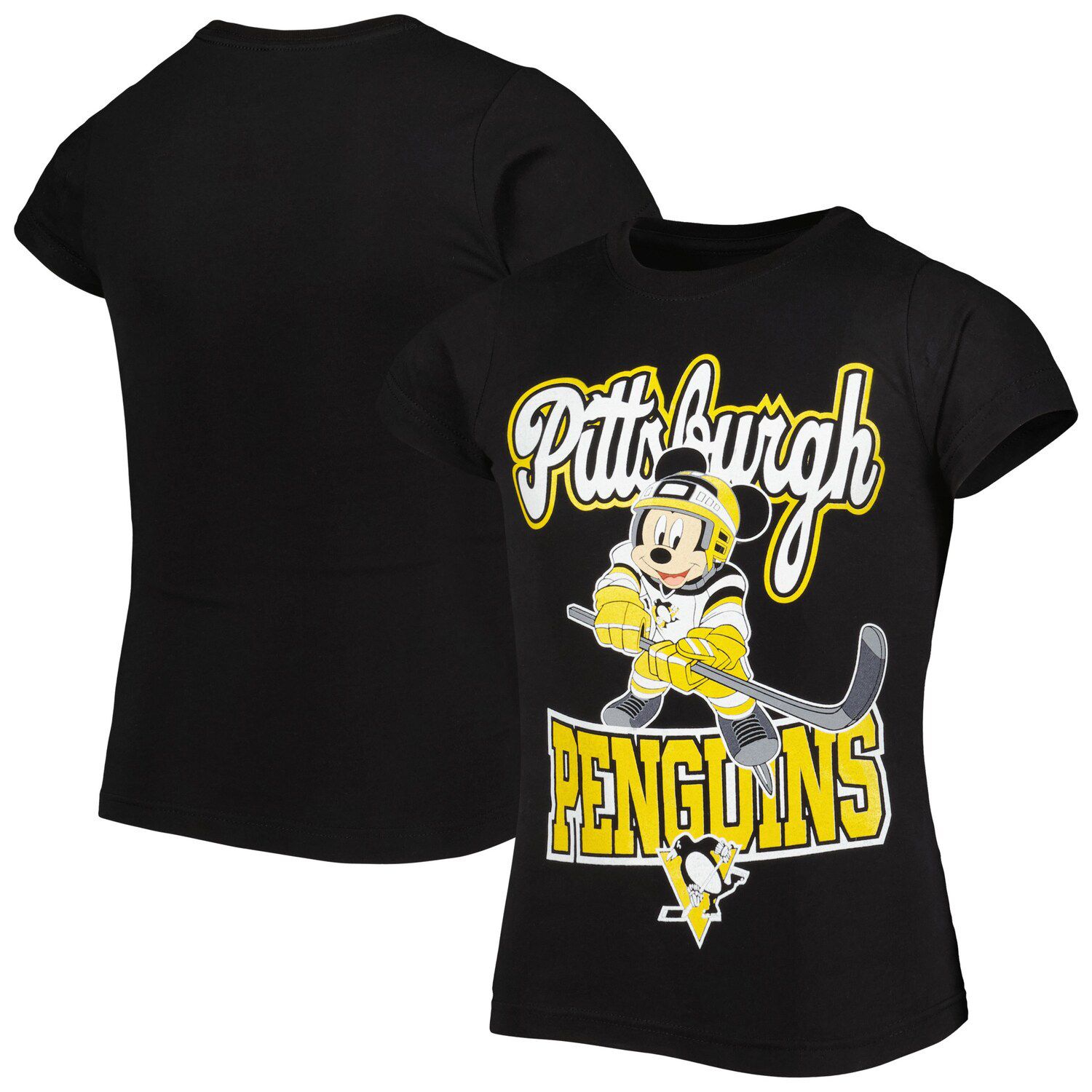 Молодежная черная футболка Pittsburgh Penguins с Микки Маусом Go Team Go для девочек Outerstuff