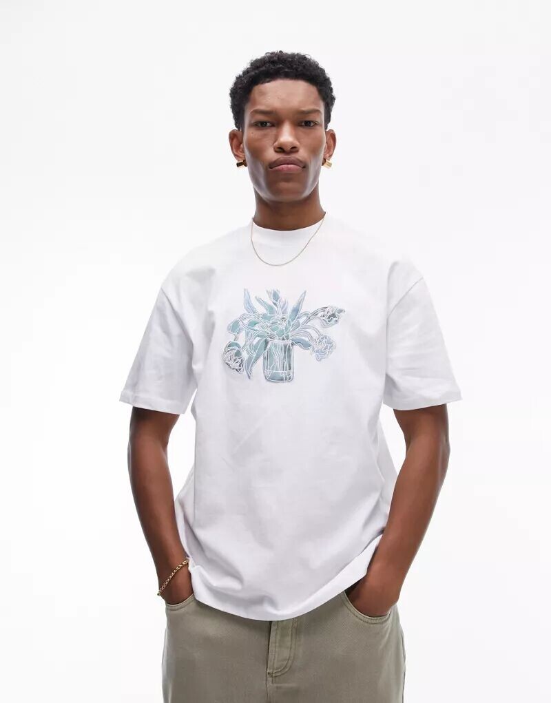 

Белая футболка оверсайз премиум-класса Topman с вышивкой из стекла