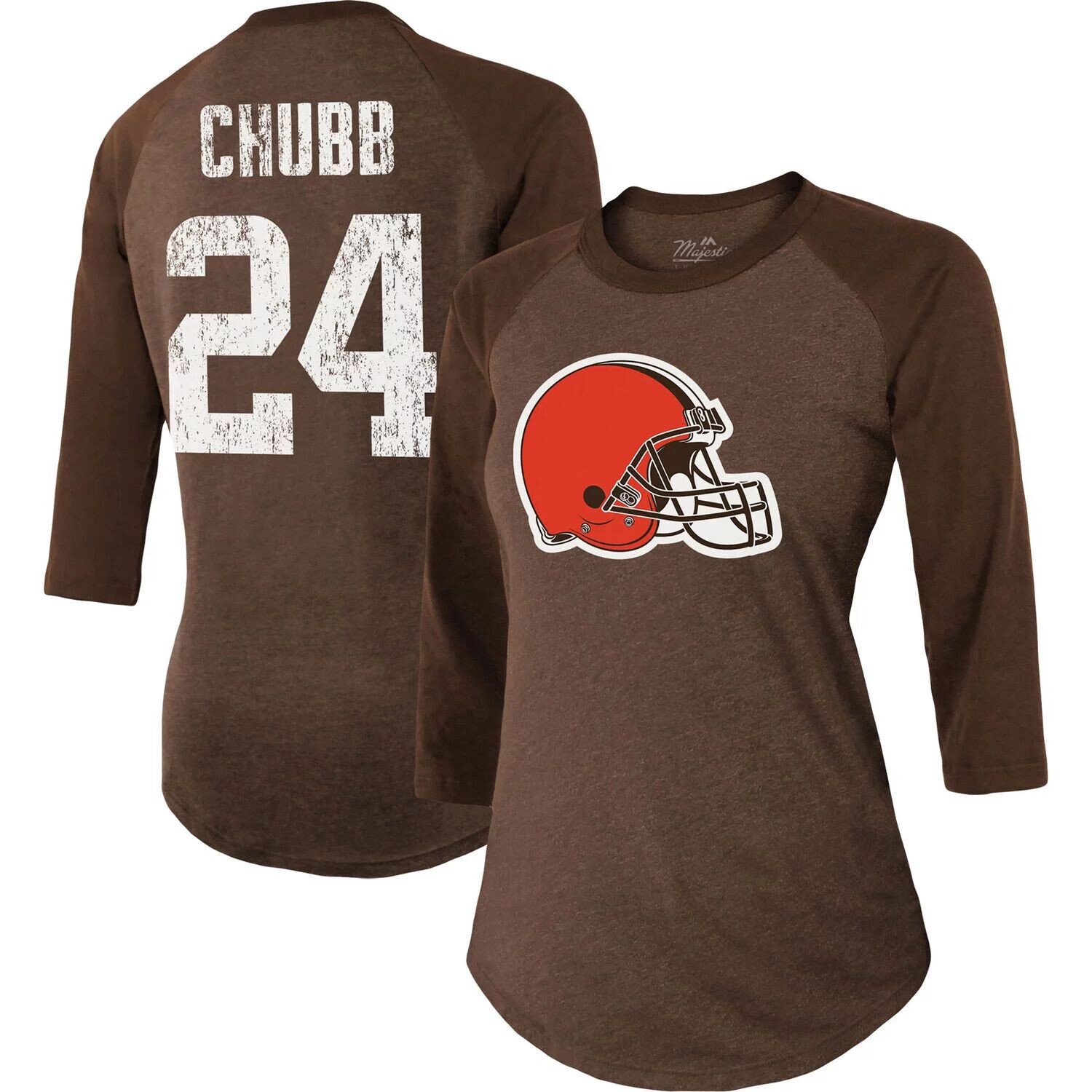

Женская футболка Majestic Threads Nick Chubb Brown Cleveland Browns с именем и номером игрока реглан Tri-Blend с рукавами 3/4 Majestic