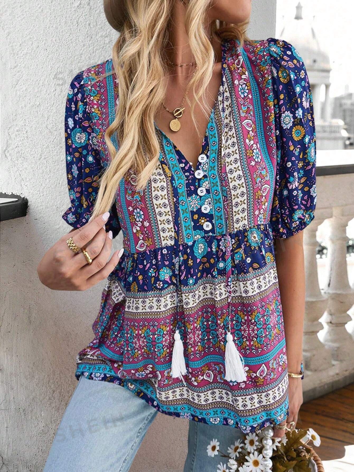 Повседневная блузка в стиле отпуска с кисточками и цветочным принтом, темно-синий
