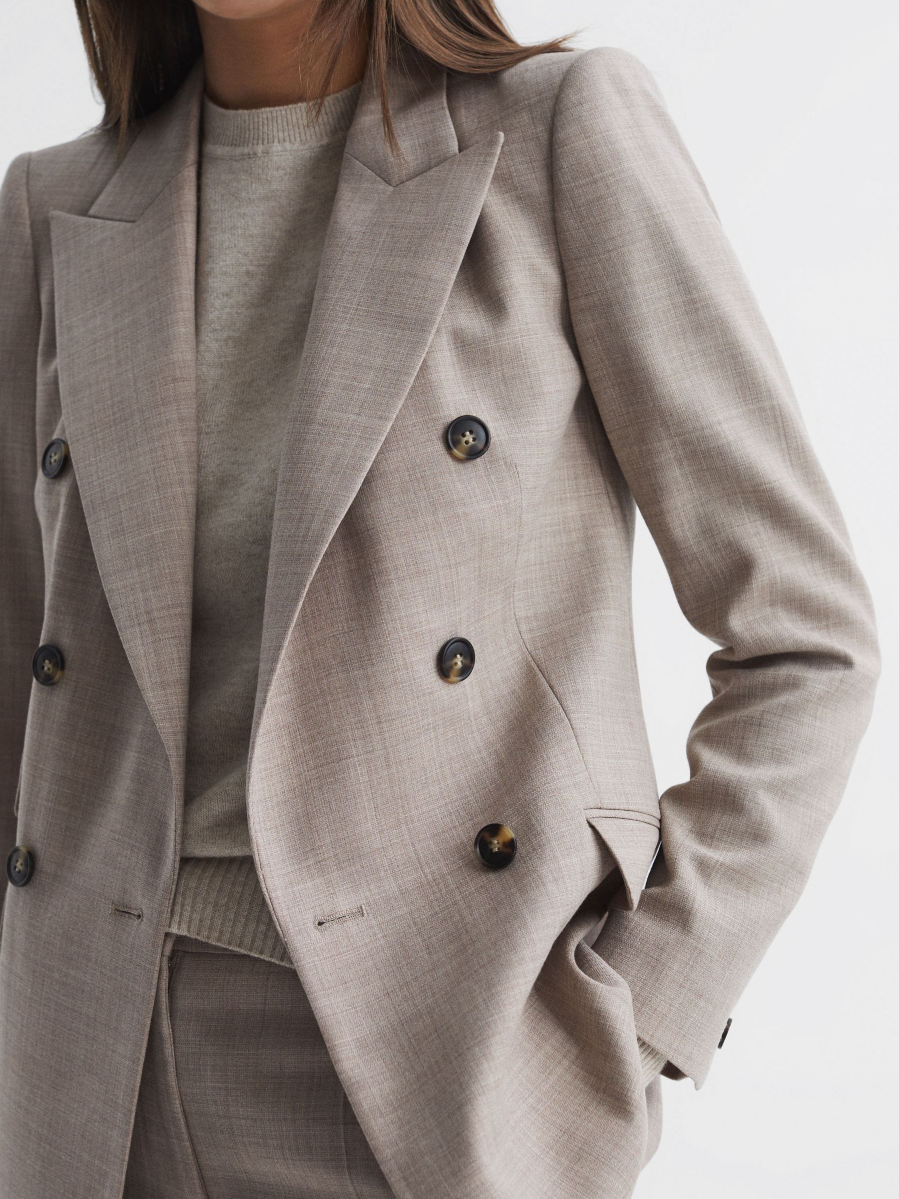 Двубортный пиджак из фактурной смеси шерсти орехового цвета Reiss, овсяная каша