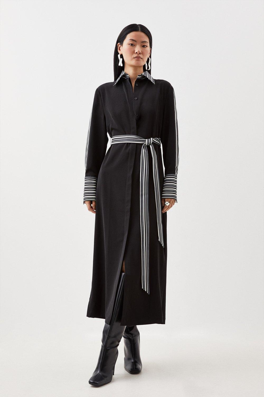 Платье-рубашка миди в полоску из твиловой ткани с поясом Karen Millen, черный