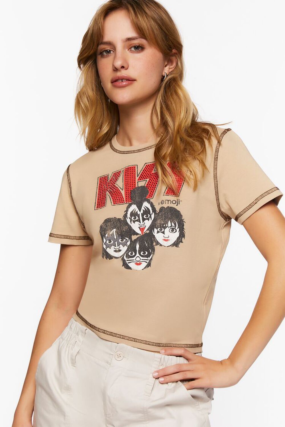 

Детская футболка с рисунком KISS x Emoji и стразами Forever 21, серо-коричневый