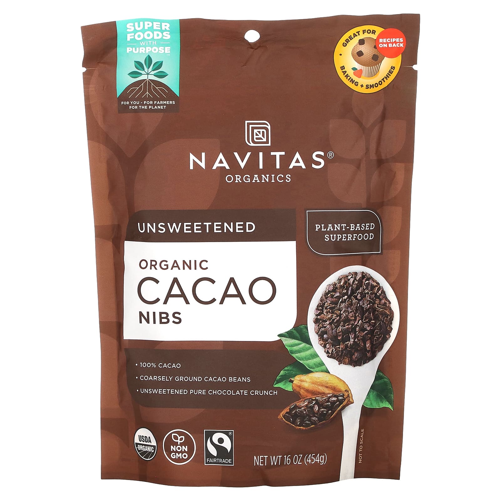 Navitas Organics Какао-бобы кусочками 16 унций (454 г) navitas organics superfood adaptogen blend maca reishi ashwagandha 6 3 oz 180 g