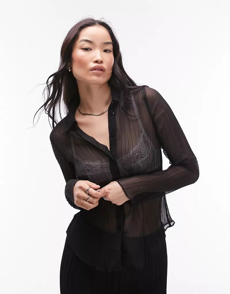 

Черная тканая плиссированная рубашка Topshop
