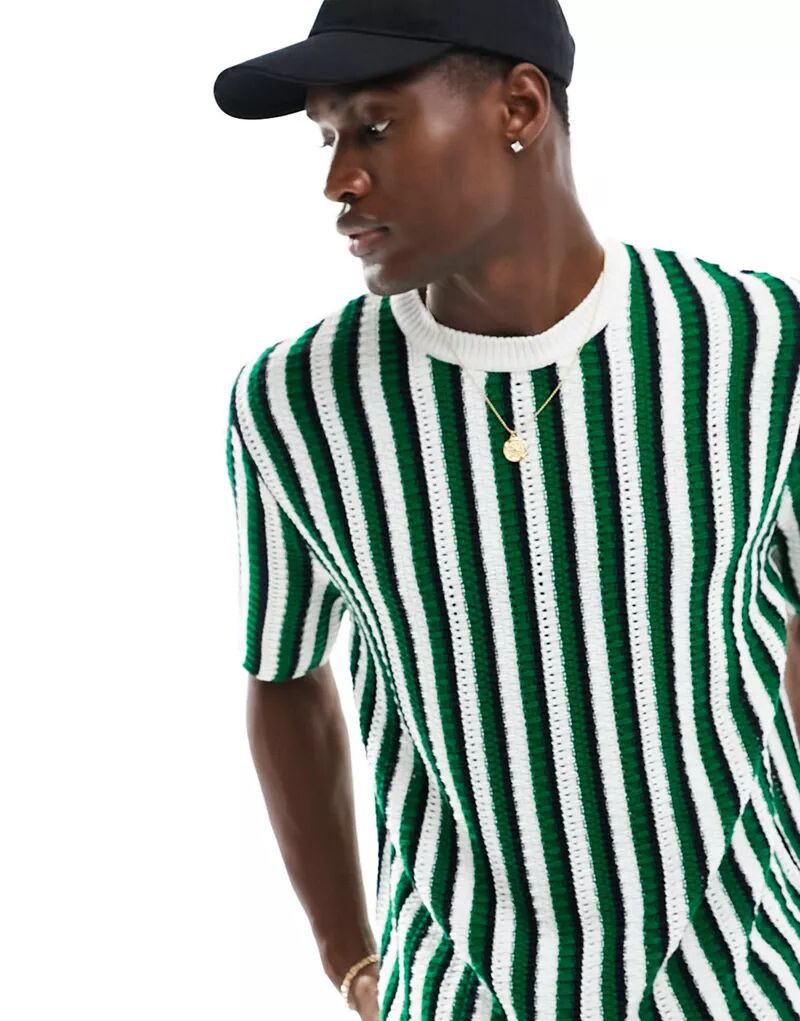Зеленая футболка свободного кроя структурированного трикотажа с полосатым принтом ASOS зеленая футболка свободного кроя asos
