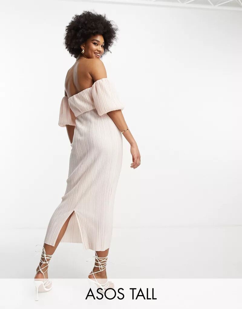 

Персиково-розовое платье миди с открытыми плечами и пышными рукавами ASOS DESIGN Tall