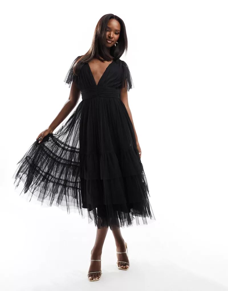 Черное платье миди из тюля с v-образным вырезом и кружевом Bridesmaid Madison Lace & Beads