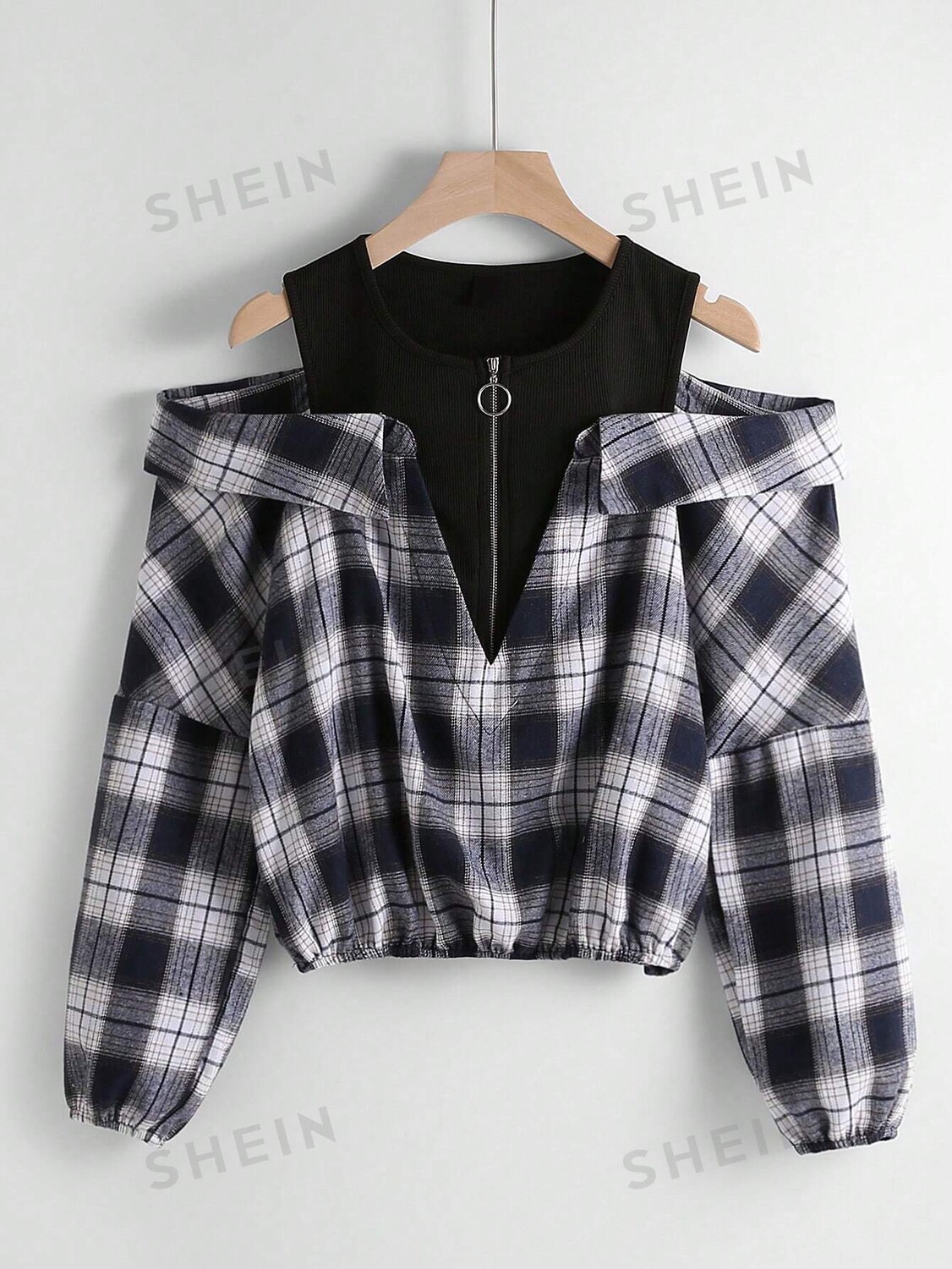 

EZwear Plus Блузка 2-в-1, клетчатый узор, открытые плечи, молния до половины Shein, мультиколор
