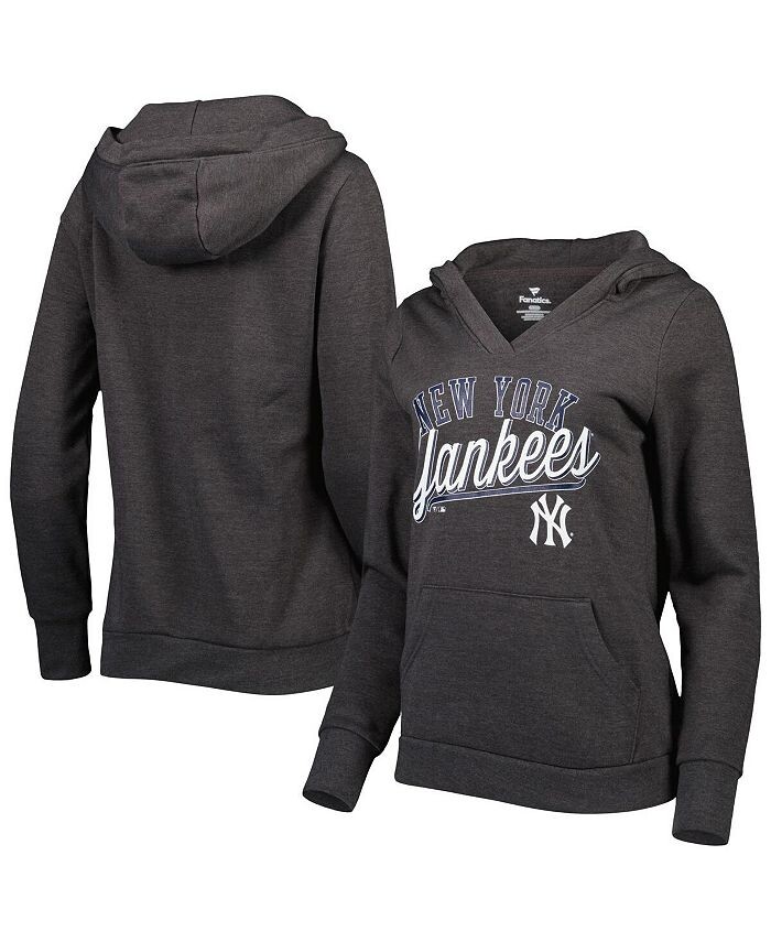 

Женский пуловер с капюшоном с логотипом Heather Charcoal New York Yankees Simplicity Crossover и V-образным вырезом Fanatics, черный