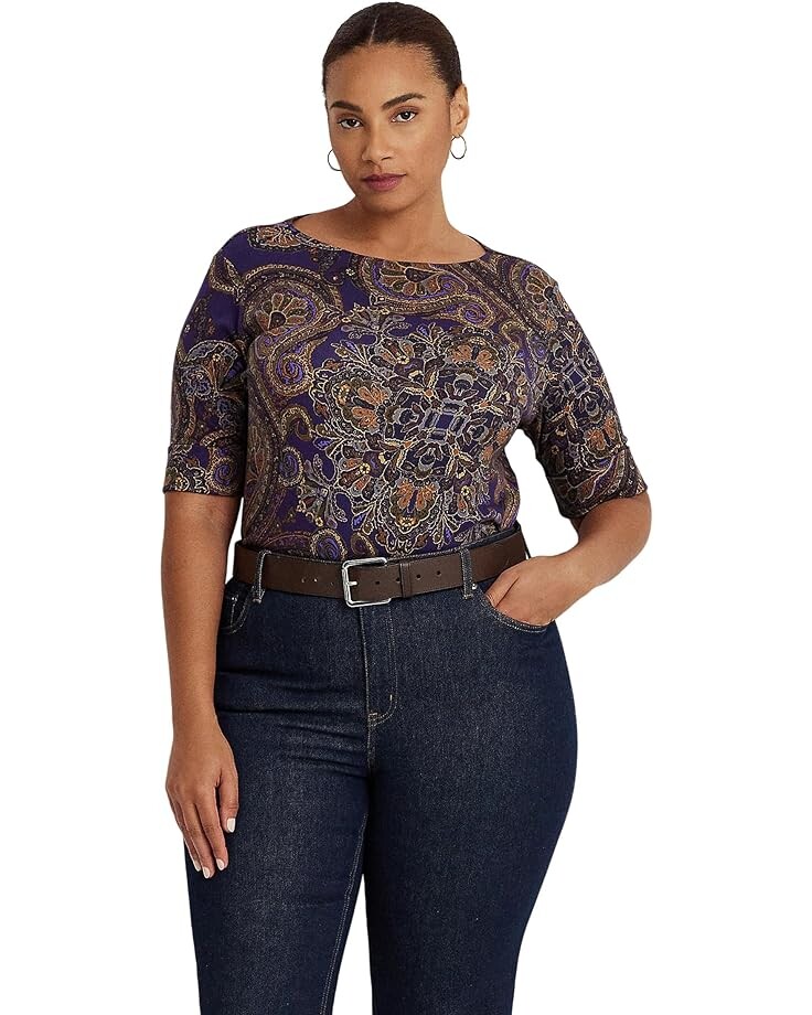 

Футболка LAUREN Ralph Lauren Plus Size Paisley Stretch Cotton Boatneck, фиолетовый