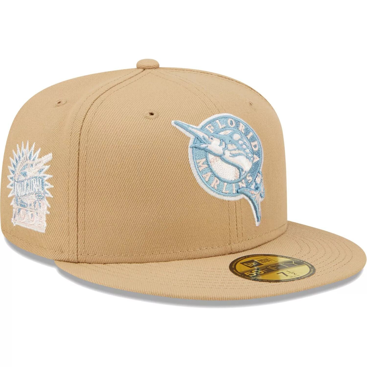 

Мужская кепка New Era Tan Florida Marlins Inaugural Season небесно-голубая шляпа-комбинезон 59FIFTY