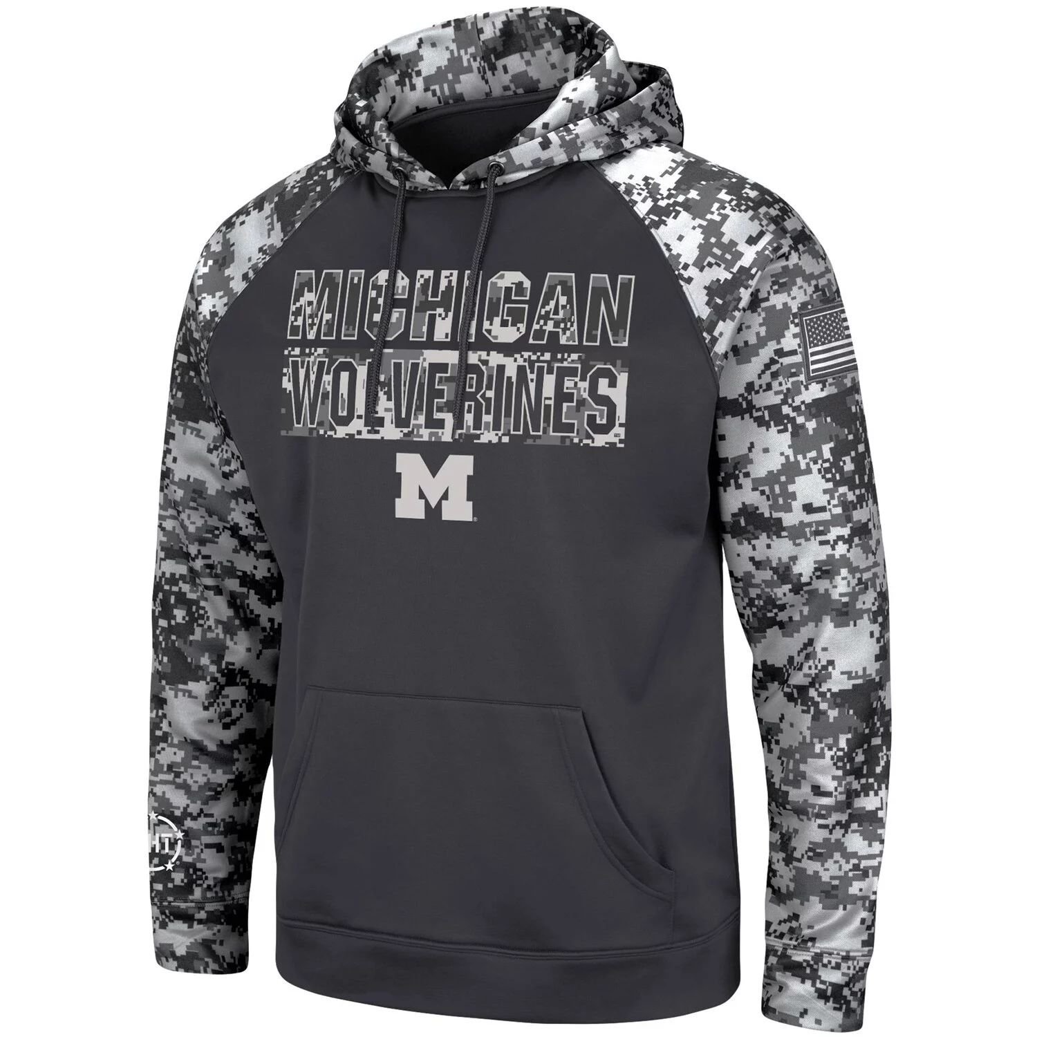 

Мужской темно-серый пуловер с капюшоном Michigan Wolverines OHT Military Appreciation Digital Camo Colosseum