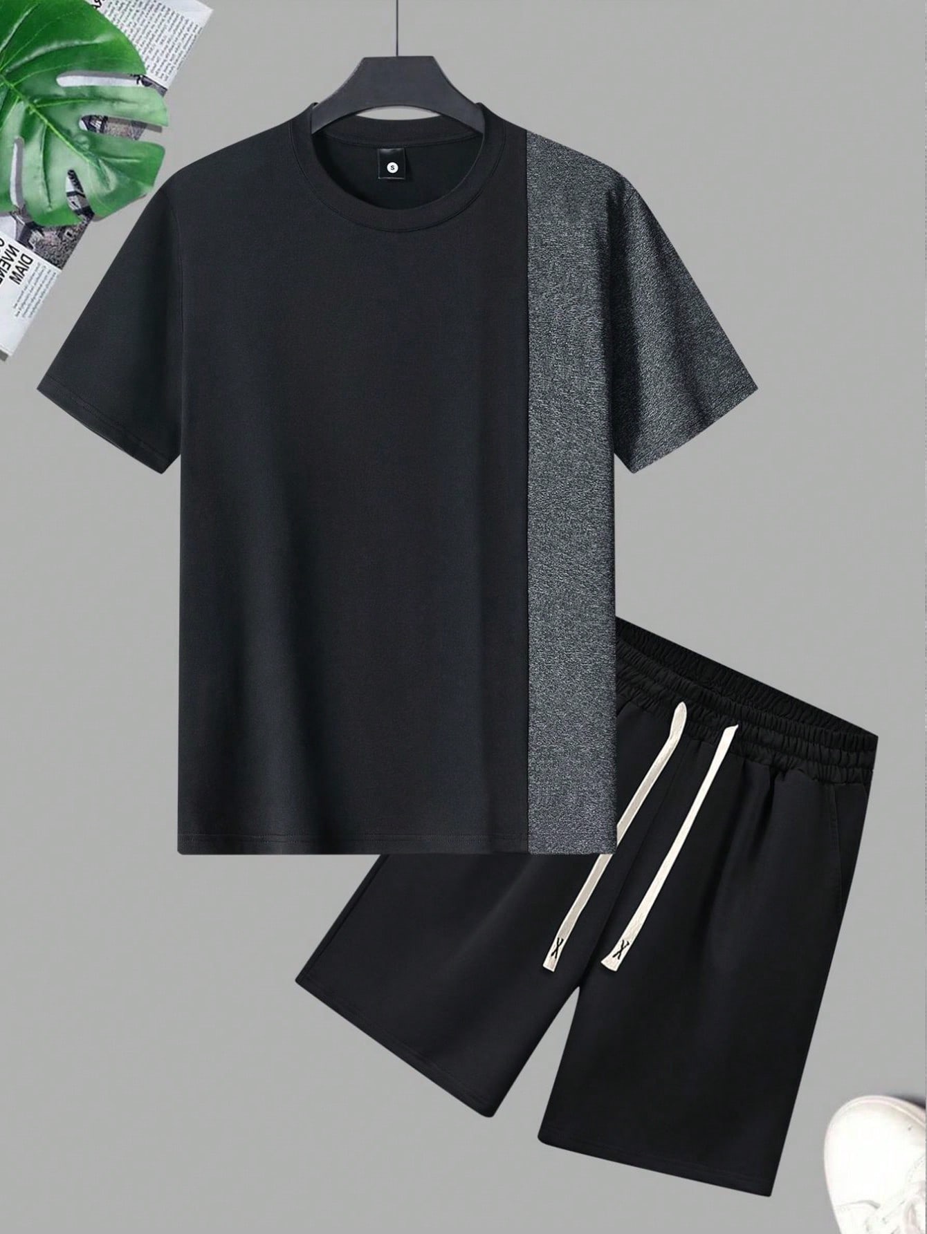 Мужской летний комплект из футболки и шорт с короткими рукавами с цветными блоками, черный