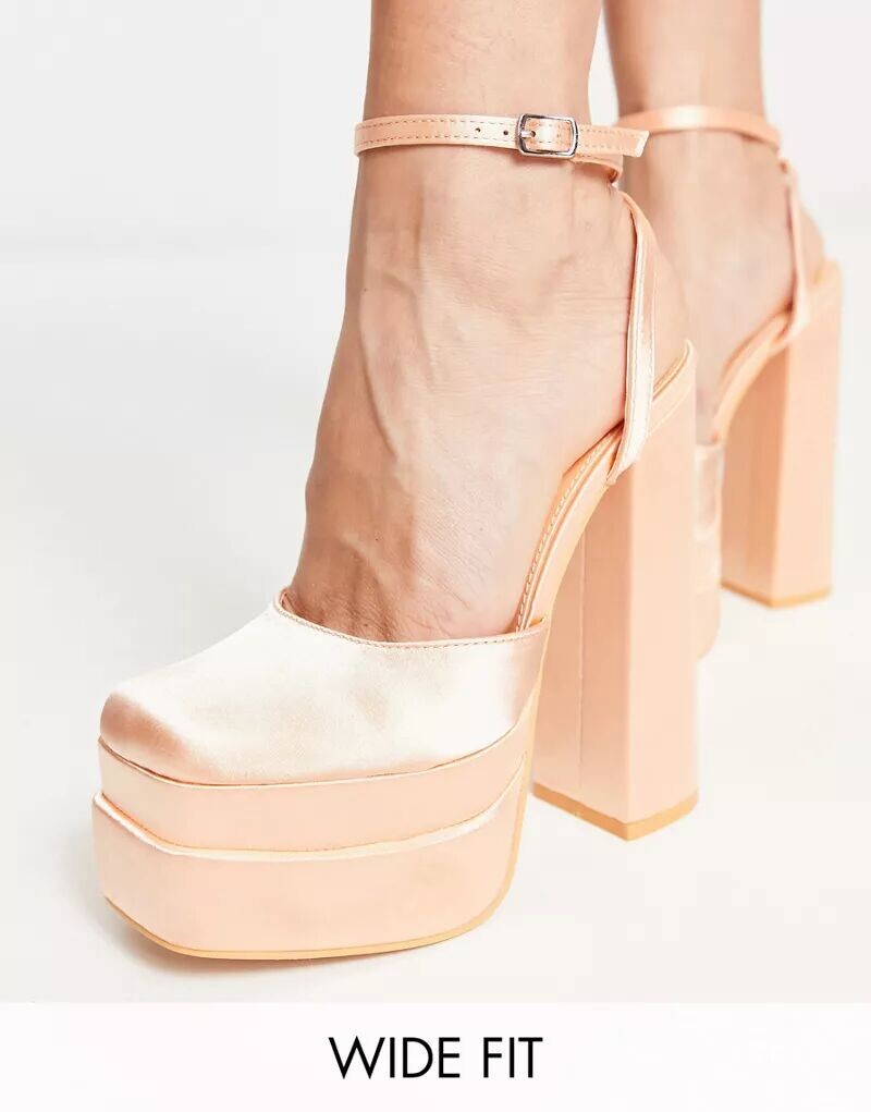 

Эксклюзивные атласные босоножки Public Desire Wide Fit Moonchild абрикосового цвета с подошвой на платформе и каблуком