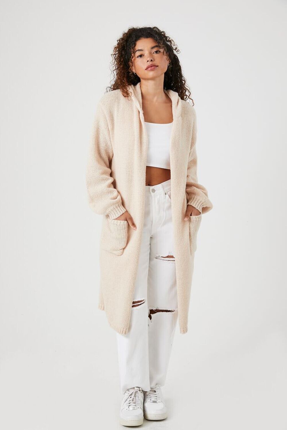

Удлиненный кардиган с капюшоном Forever 21, кремовый, Бежевый