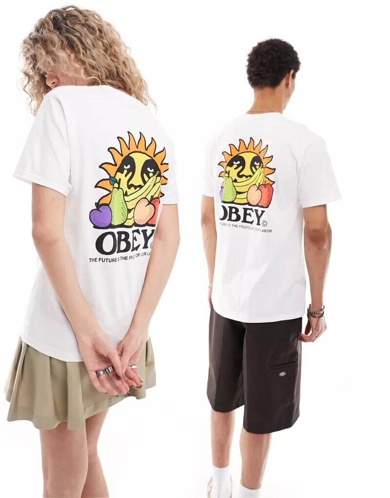 

Белая футболка унисекс с рисунком фруктов и солнца на спине Obey