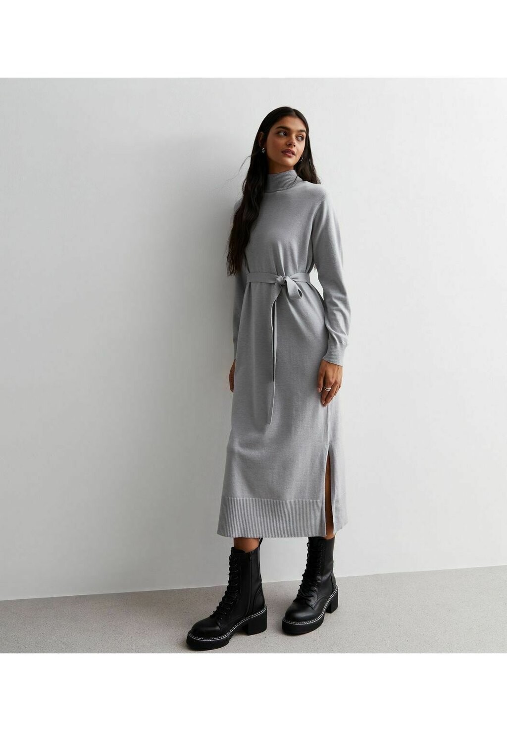 Трикотажное платье High Neck Belted Split Hem New Look, цвет pale grey